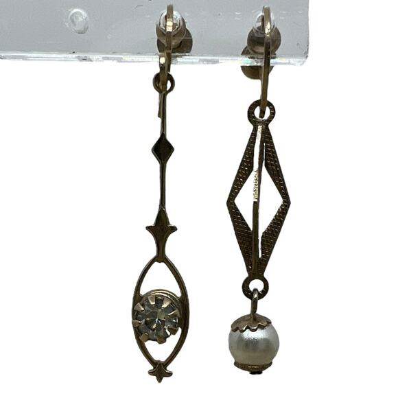 Vintage Gold Pearl Gem Drop Earrings Art Deco Screw Back Clips asymmetrical - Picture 4 of 6